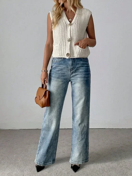 Apricot Casual Women's V-Neck Ribbed Knitted Cardigan Sweater Vest - Picture 3 of 7